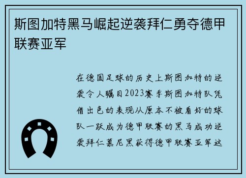 斯图加特黑马崛起逆袭拜仁勇夺德甲联赛亚军 斯图加特黑马崛起逆袭拜仁勇夺德甲联赛亚军